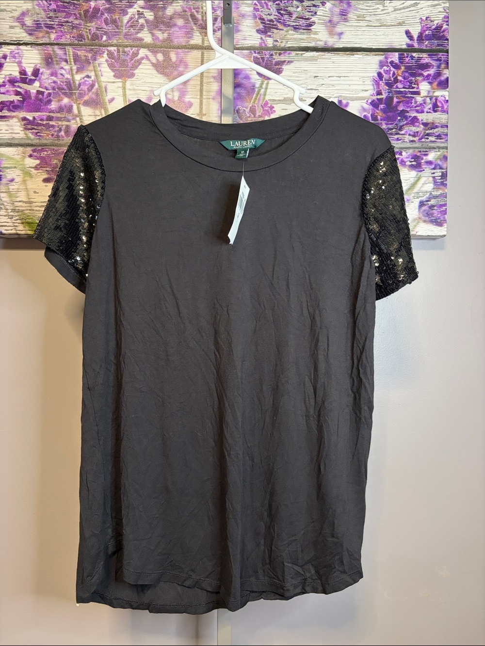 Lauren Ralph Lauren Black Sequin Sleeve Women's Tee NWOT Size M